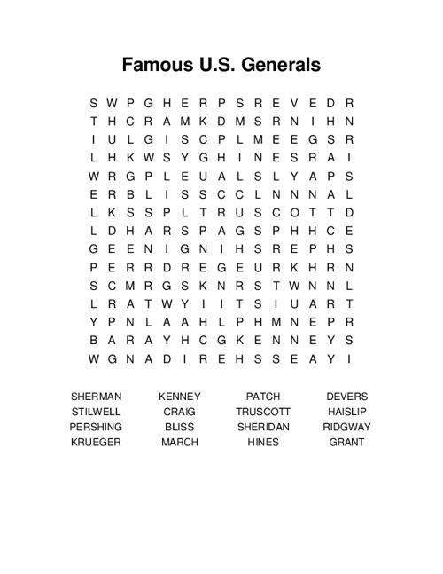 Famous U.S. Generals Word Search Puzzle