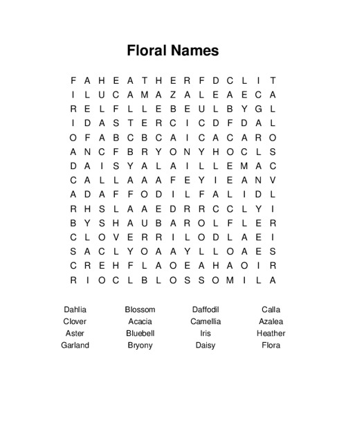 Floral Names Word Search Puzzle