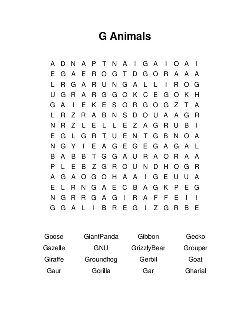 G Animals Word Search Puzzle