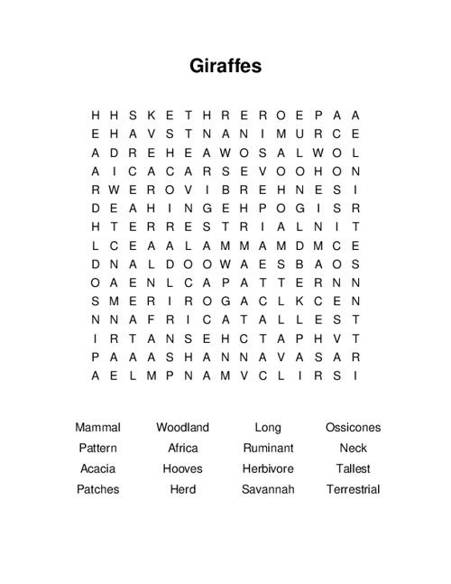 Giraffes Word Search Puzzle