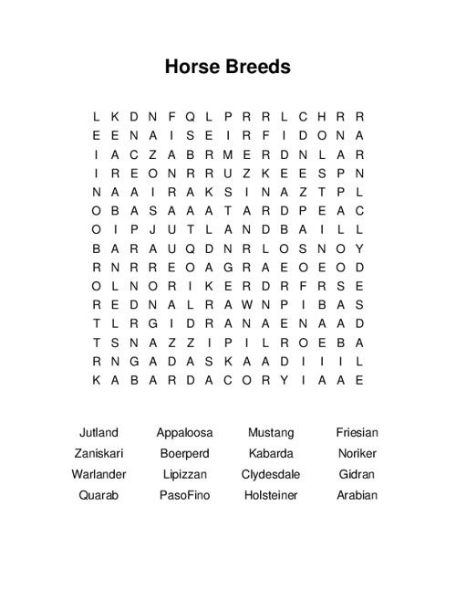Horse Breeds Word Search Puzzle