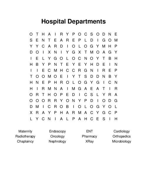 Hospital Departments Word Search Puzzle