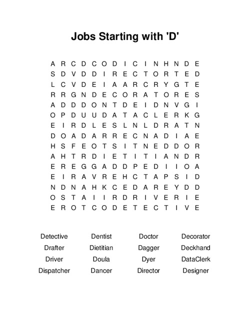 Jobs Starting with 'D' Word Search