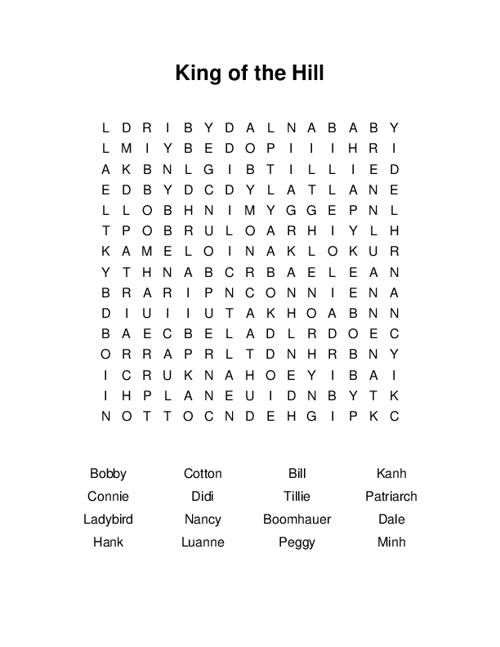 King of the Hill Word Search Puzzle