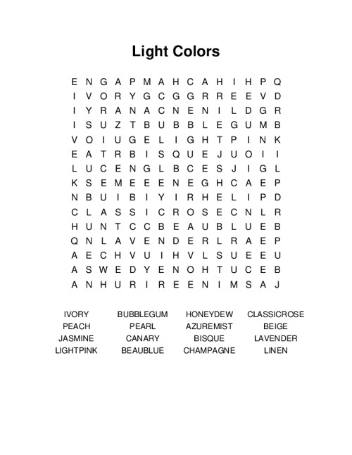 Light Colors Word Search Puzzle