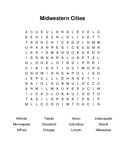 Midwestern Cities Word Search Puzzle