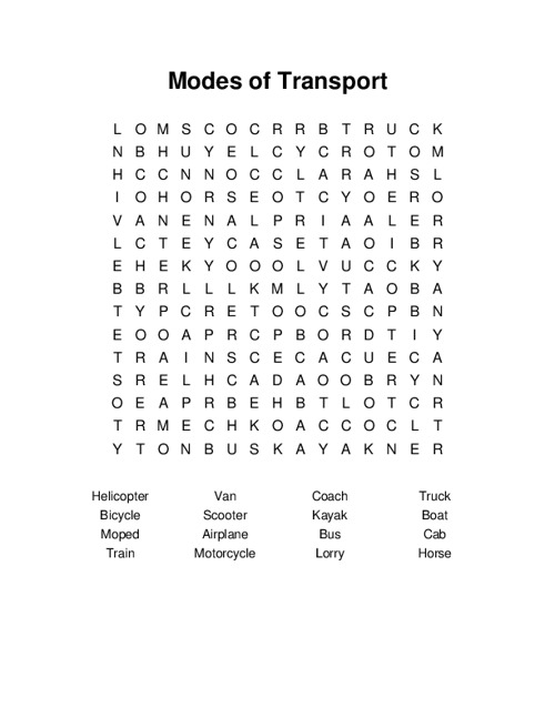 Modes of Transport Word Search Puzzle