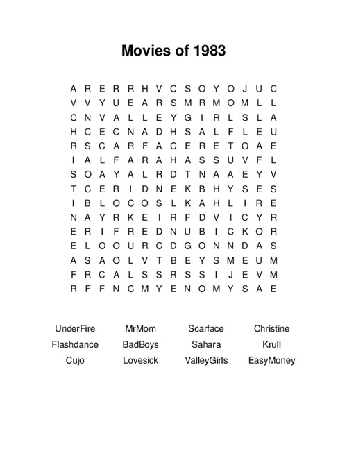 Movies of 1983 Word Search Puzzle