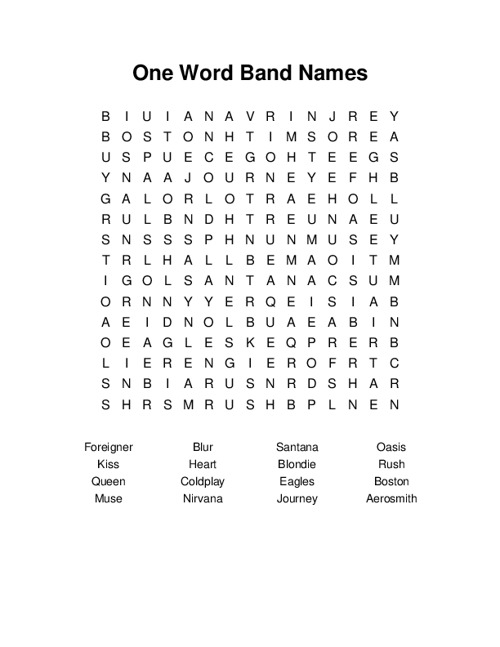 One Word Band Names Word Search Puzzle