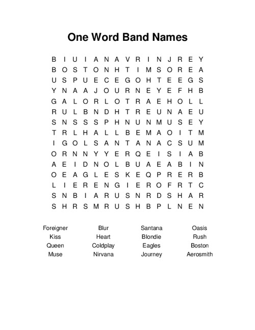 One Word Band Names Word Search