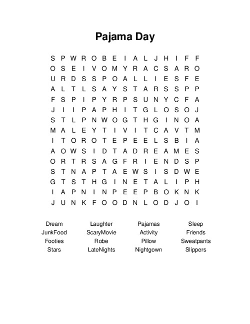Pajama Day Word Search Puzzle