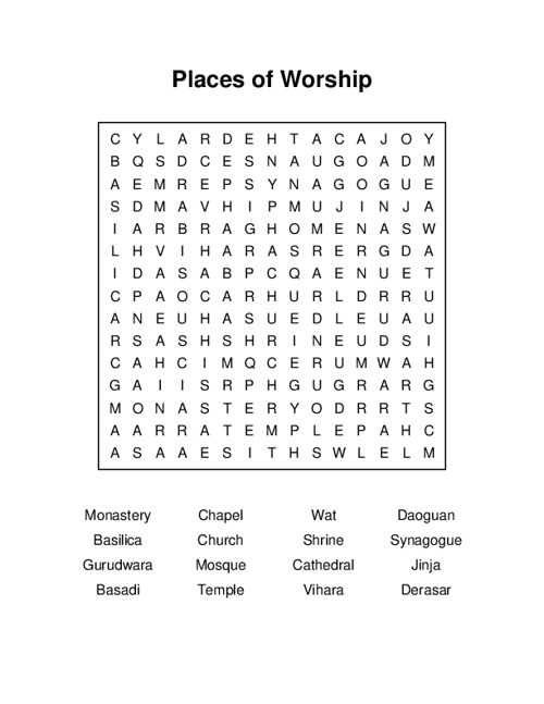 Places of Worship Word Search Puzzle
