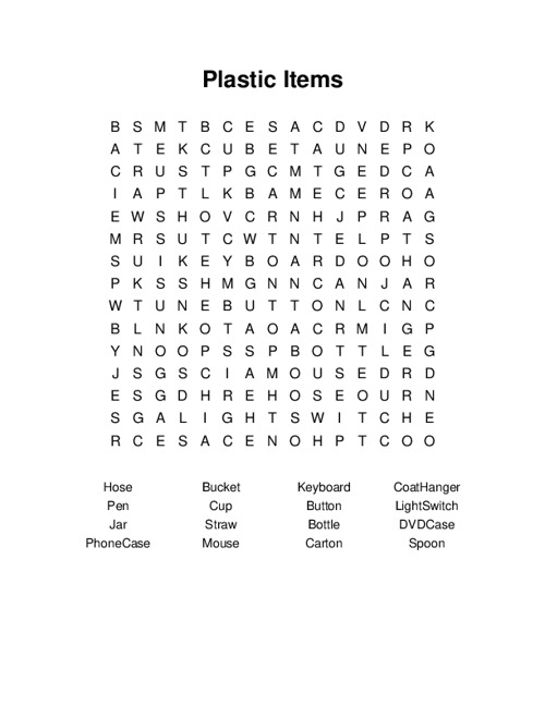 Plastic Items Word Search Puzzle