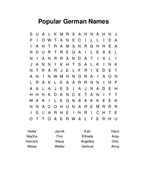 Popular German Names Word Search Puzzle