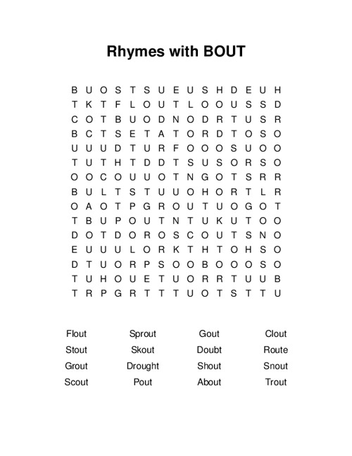 Rhymes with BOUT Word Search Puzzle