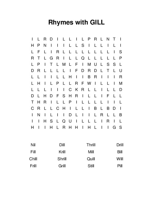 Rhymes with GILL Word Search Puzzle