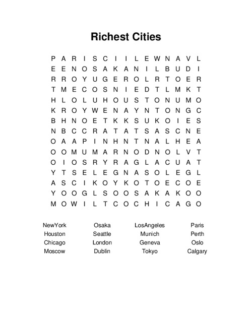Richest Cities Word Search Puzzle