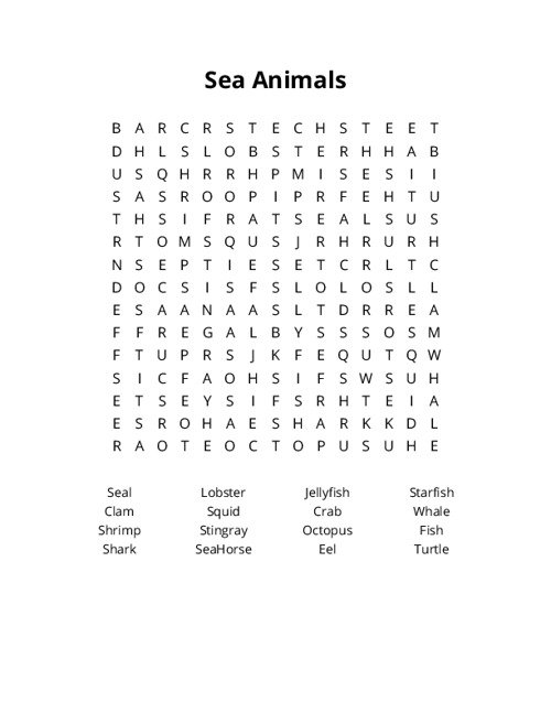 Sea Animals Word Search Puzzle