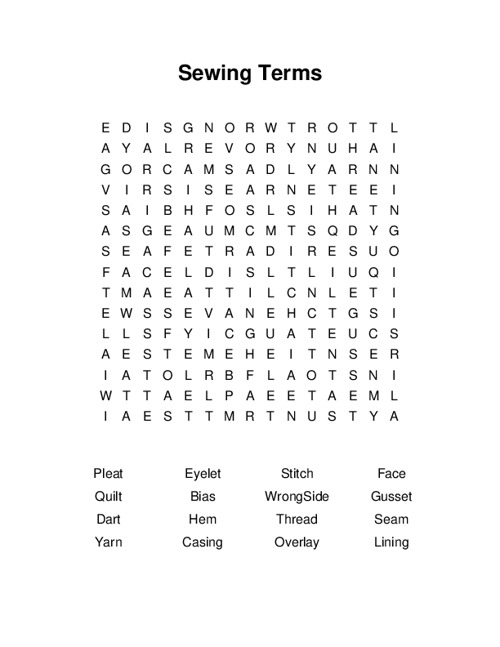 Sewing Terms Word Search Puzzle