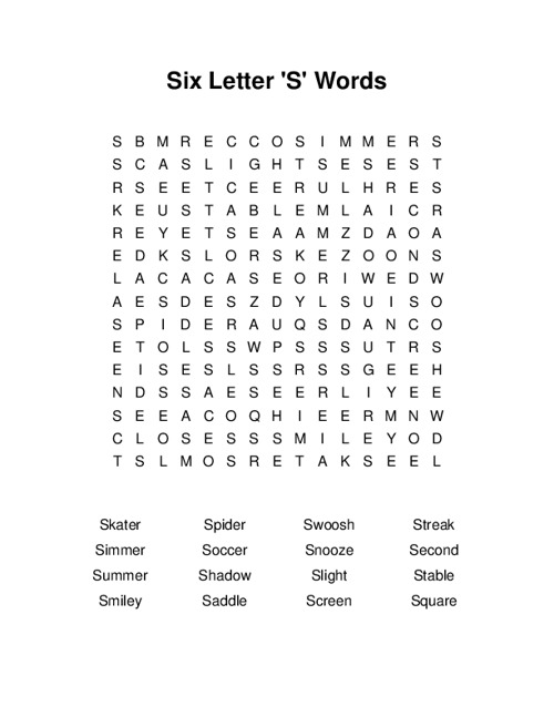 Six Letter S Words Word Search Puzzle
