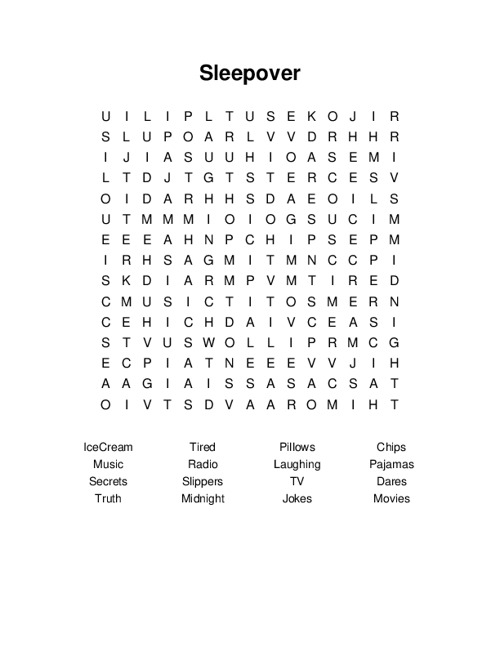Sleepover Word Search Puzzle