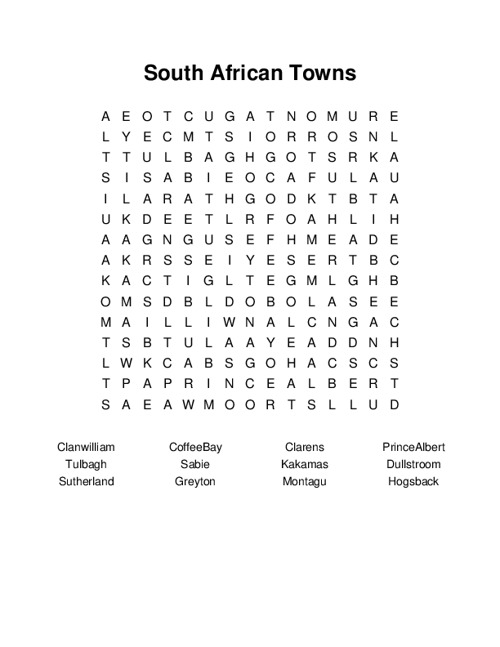 South African Towns Word Search Puzzle