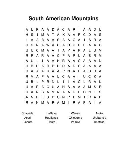 South American Mountains Word Search Puzzle
