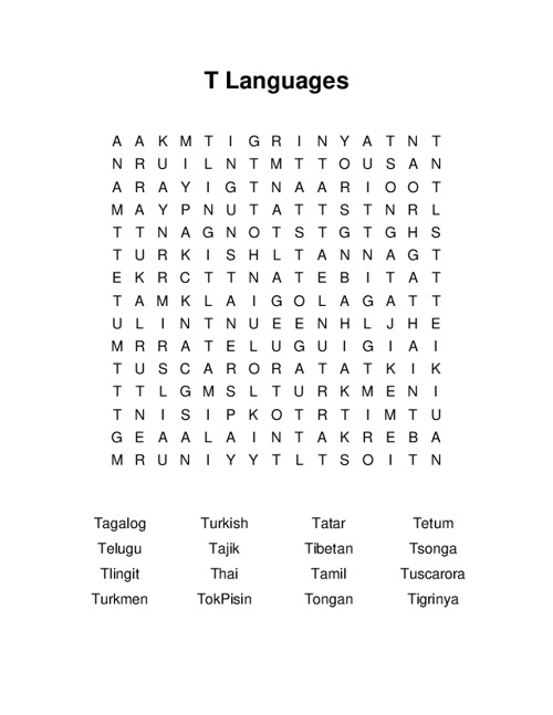 T Languages Word Search Puzzle