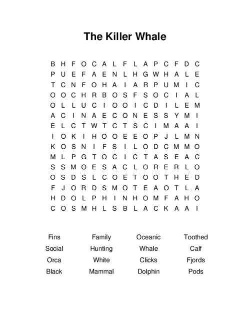 The Killer Whale Word Search Puzzle