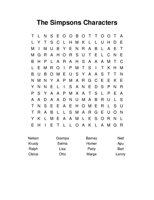The Simpsons Characters Word Search Puzzle