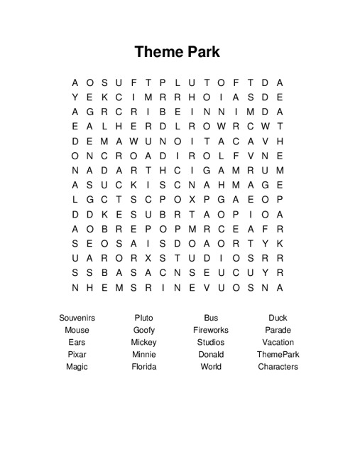 Theme Park Word Search Puzzle