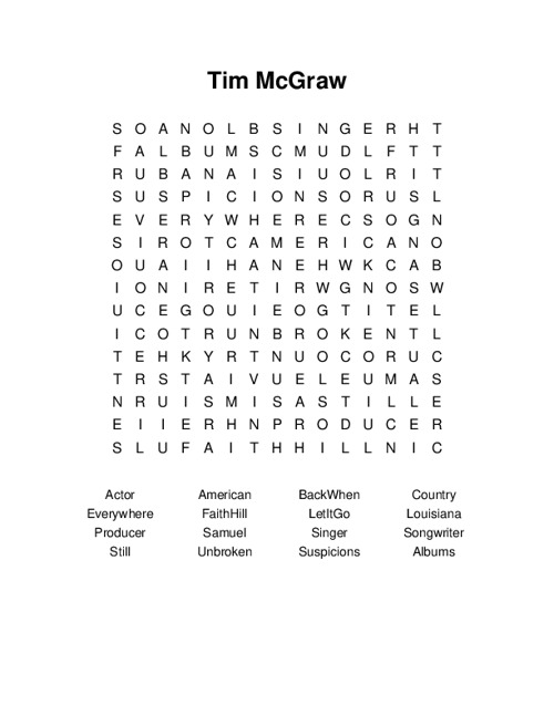 Tim McGraw Word Search Puzzle