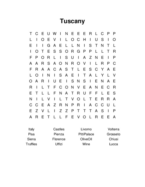 Tuscany Word Search Puzzle