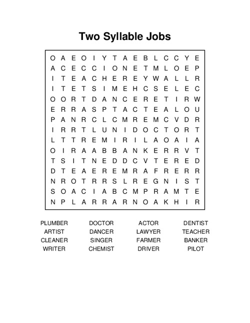 Two Syllable Jobs Word Search Puzzle