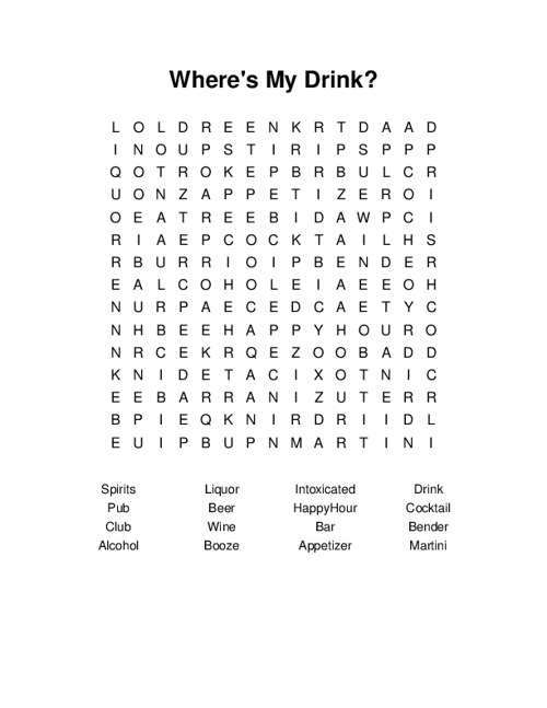 Wheres My Drink? Word Search Puzzle