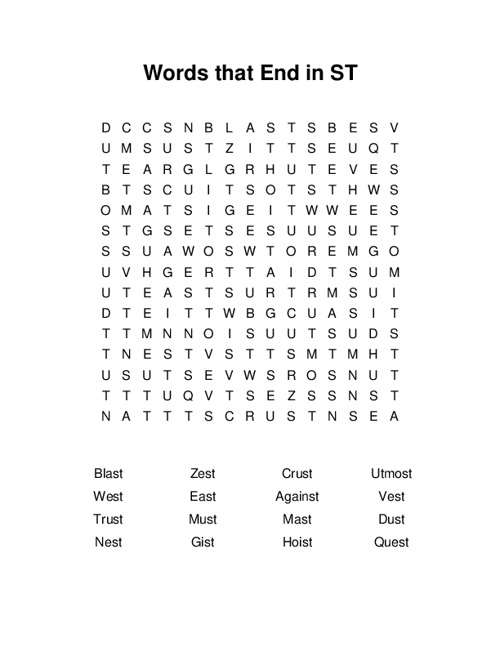 Words that End in ST Word Search Puzzle
