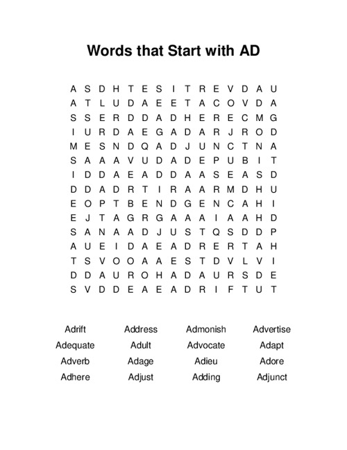 Words that Start with AD Word Search Puzzle