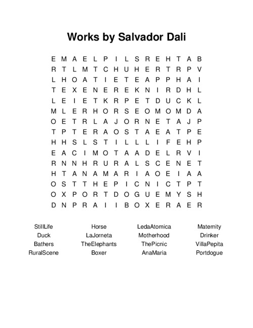 Works by Salvador Dali Word Search Puzzle