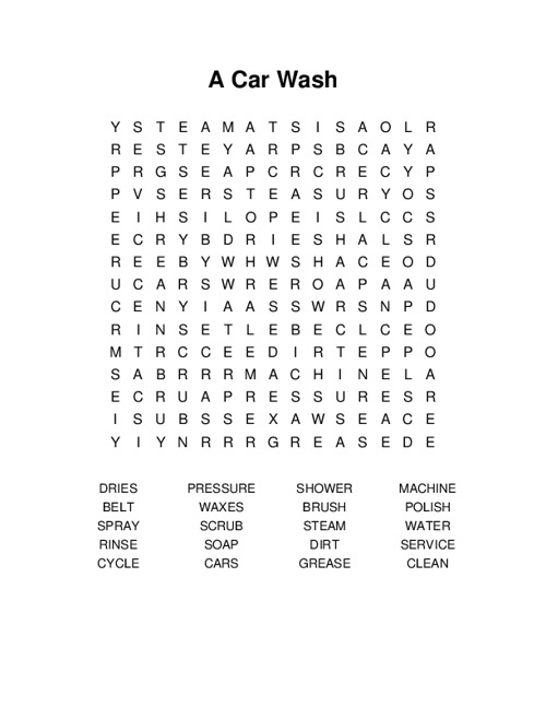 A Car Wash Word Search Puzzle