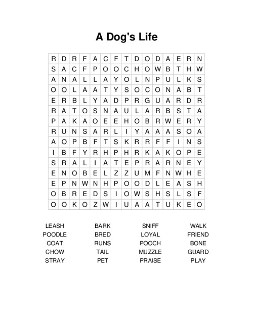A Dogs Life Word Search Puzzle