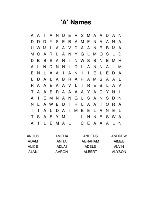 A Names Word Search Puzzle