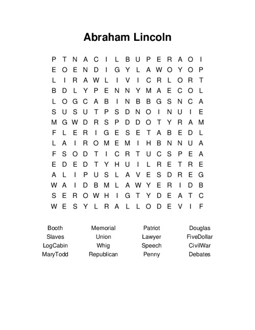 Abraham Lincoln Word Search Puzzle