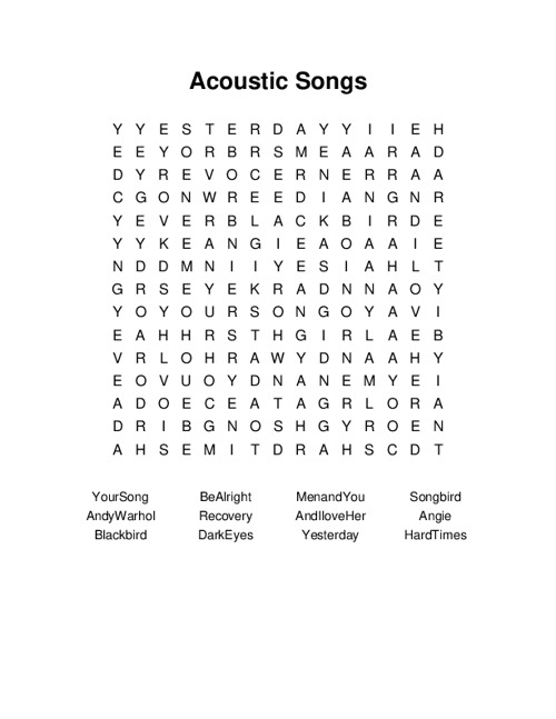 Acoustic Songs Word Search Puzzle