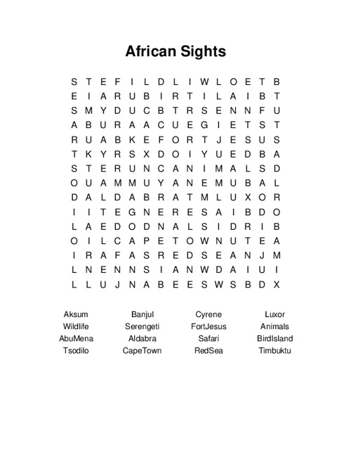African Sights Word Search Puzzle