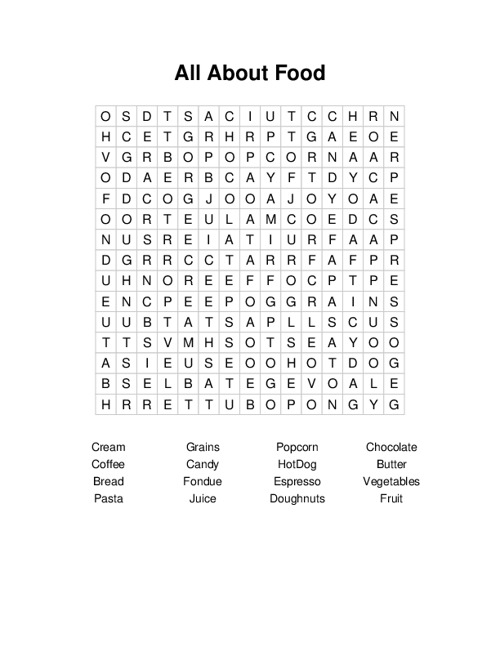 All About Food Word Search Puzzle
