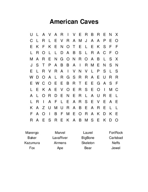 American Caves Word Search Puzzle