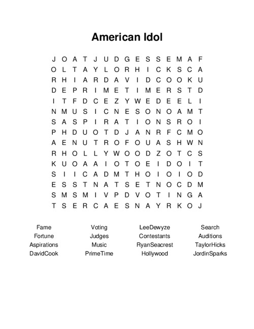 American Idol Word Search Puzzle