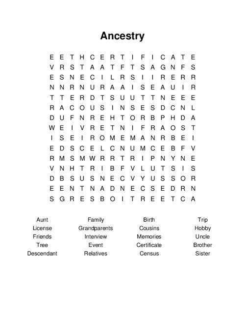 Ancestry Word Search Puzzle