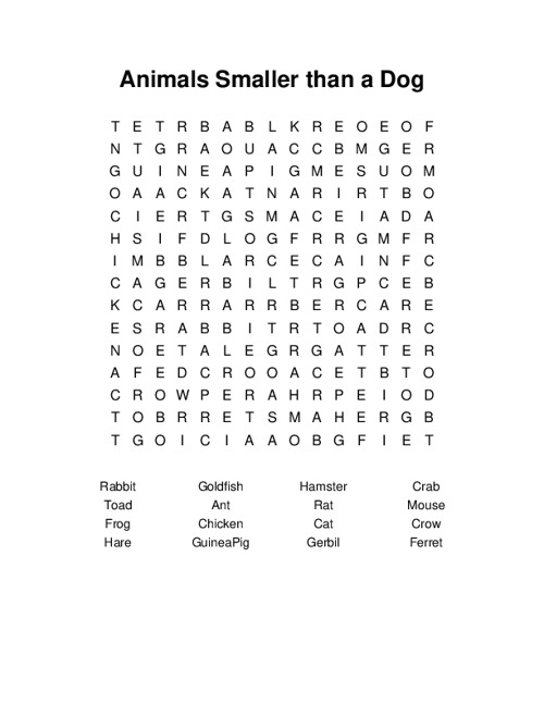 Animals Smaller than a Dog Word Search Puzzle