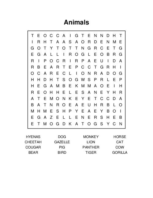 Animals Word Search Puzzle